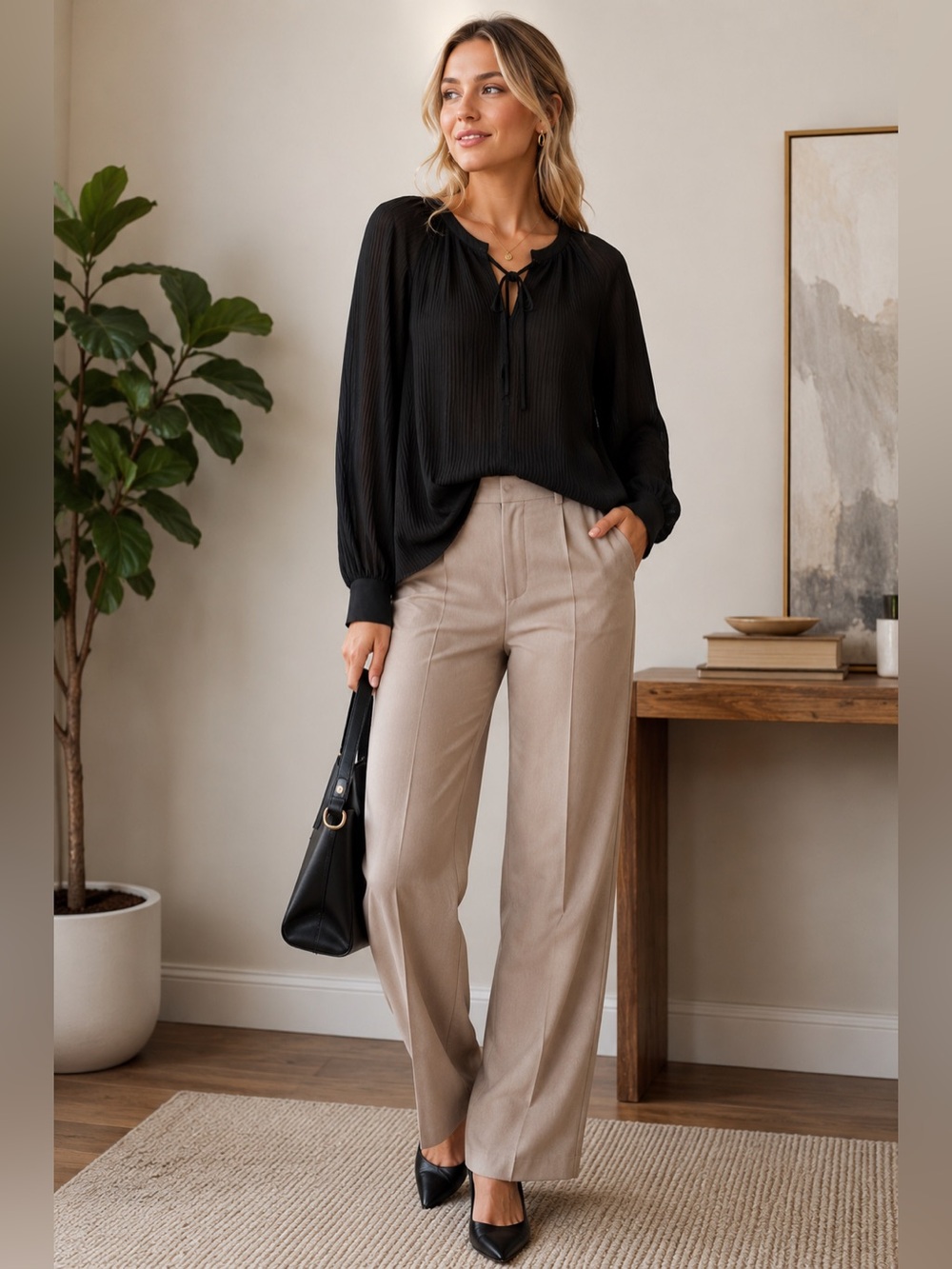 Endless Rose Black Pleated Tie Neck Oversized Blouse Size Small NWOT